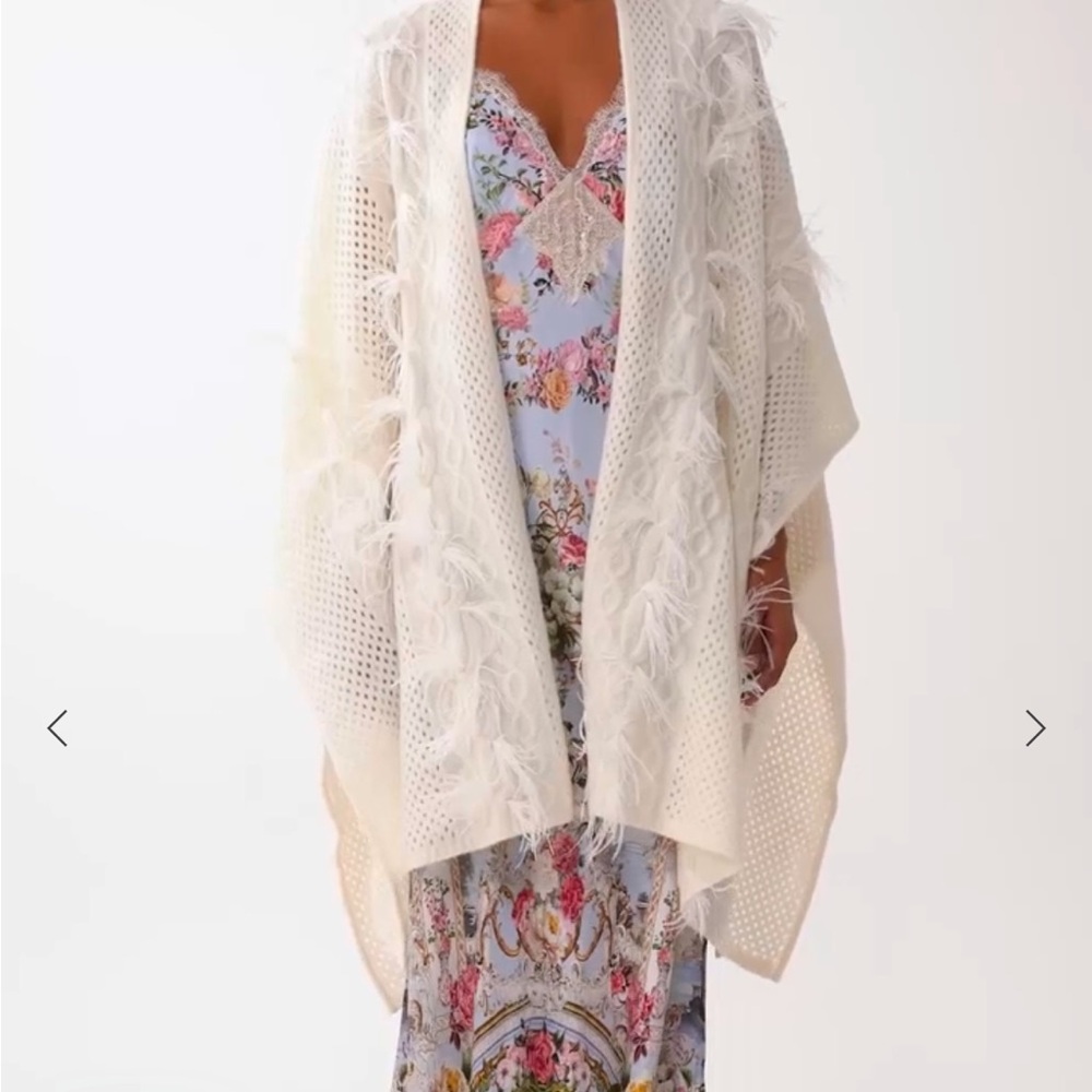 Camilla  Elegant Cream Feather-Trimmed Sweater Wrap with feathers. Beautiful NWT